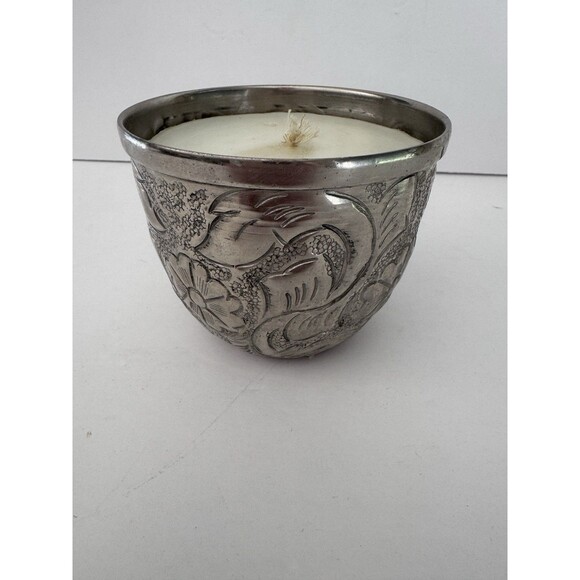 Pottery Barn Candle Silver Hammered Floral Candleholder Pewter *NEW READ*